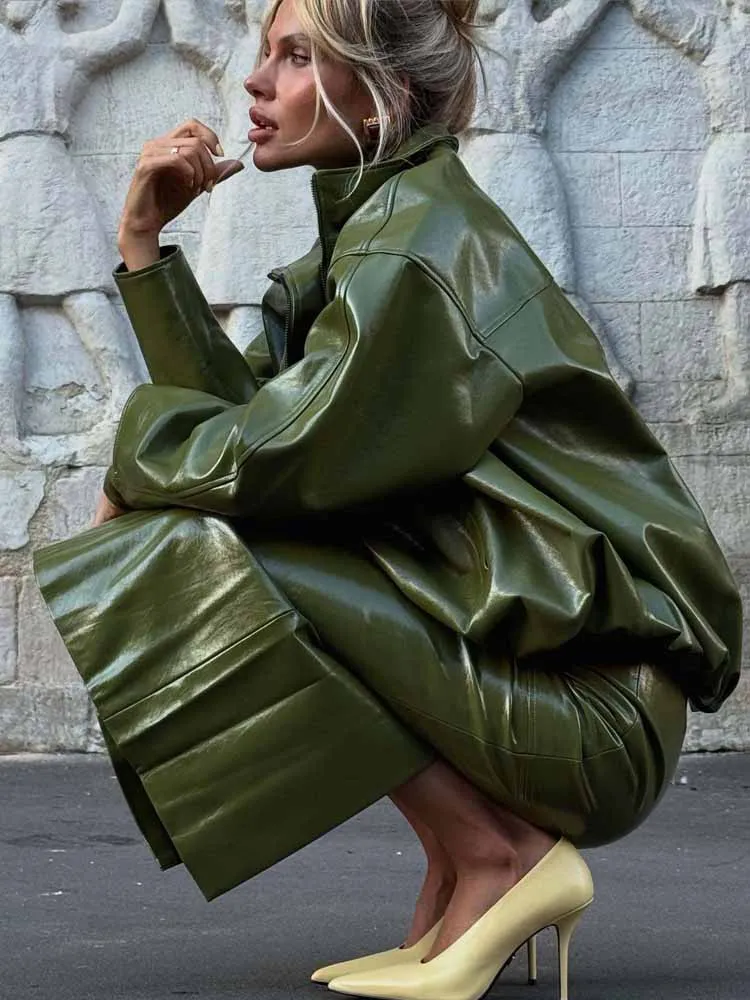 Conjuntos de saia de jaqueta sólida de couro de rua vintage 2025 novo casaco solto com zíper de manga completa e saia longa dividida combinando terno de 2 peças