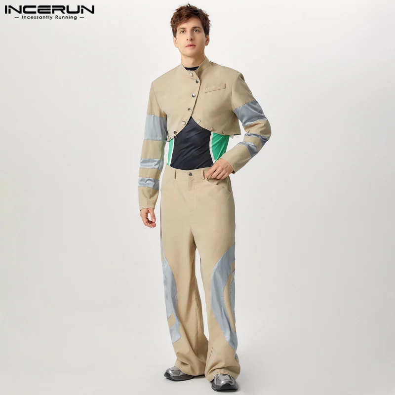 INCERUN 2024 Handsome Men's Sets Stylish Splicing Color Contrast Short Arc Swing Jackets Pants Casual Personality Two Piece Sets