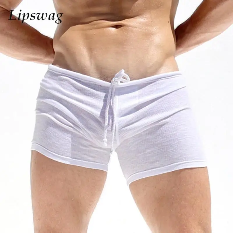 Sports Fitness Stretch Slim Shorts Mens Sexy Solid Color Skinny White Shorts Pajamas Men Casual Drawstring Lace-up Ribbed Shorts