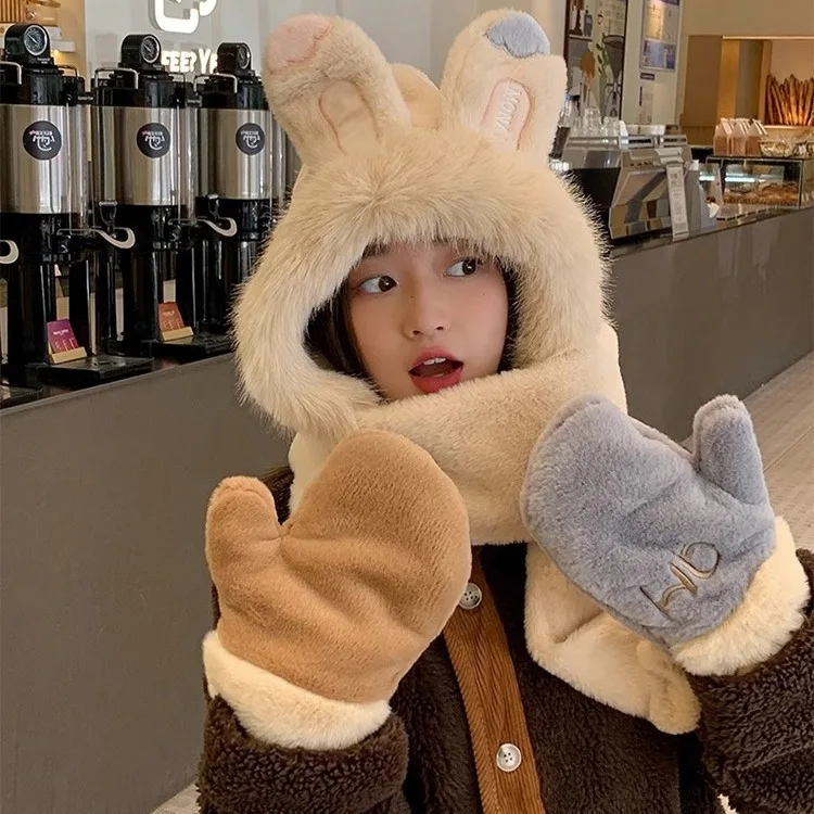 

3D Rabbit Ears Plush Hat Scarf Gloves all-in-one women's Winter Warm Russian Hats Ear Protection Cycling Cold Cap Hot