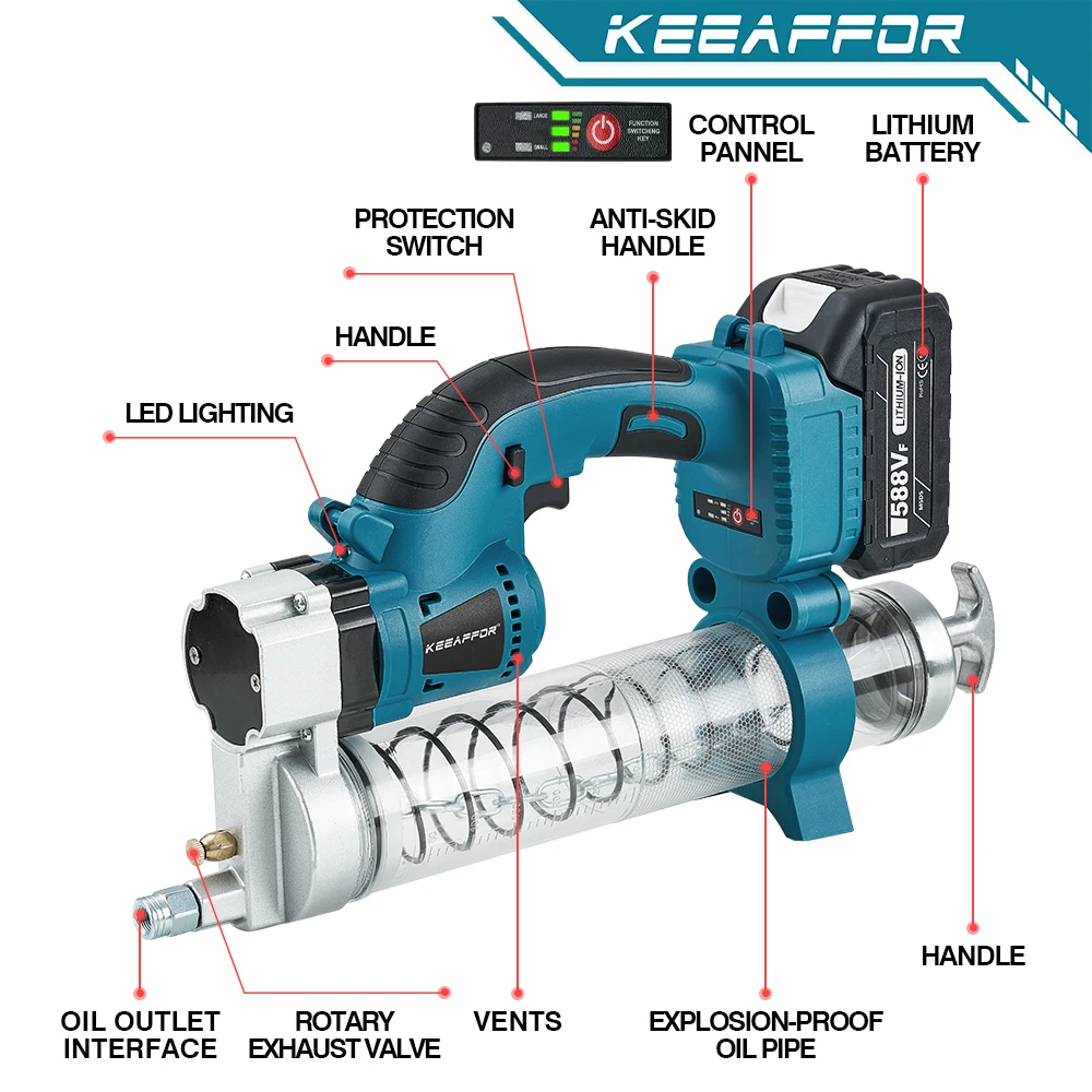 KEEAFFOR 10000PSL 960W Brushless Electric Grease Gun Cordless High Pressure Car Lubricant Oil Power Tool For Makita 18v Battery