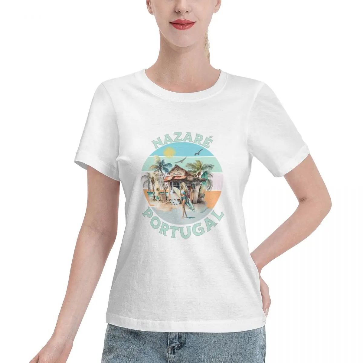 Top Rated Nazar Portugal Retro Sunset Surfer Woman Design Women's T-shirt Simple Affordable Ladies Tshirt
