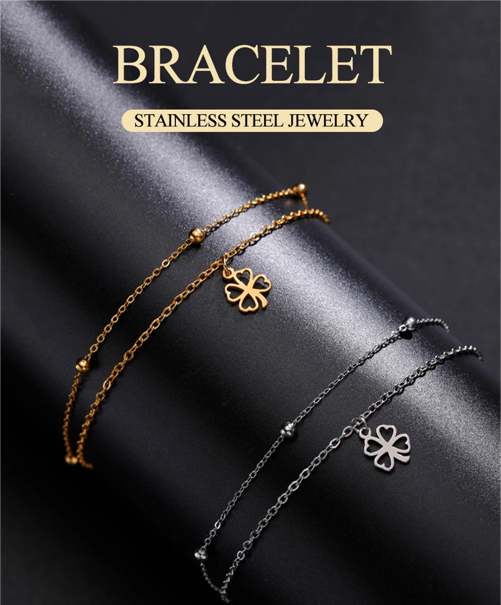Dawapara Viel Glück Kleeblatt Armband Vierblättriges Kleeblatt Charms Schlangenkette 17 cm Armband Edelstahl Paar Schmuck – Detail 1