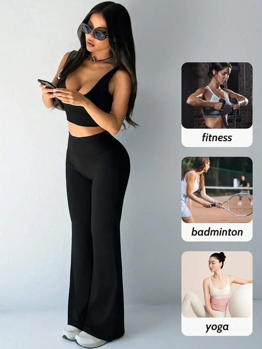 Solid Color Hip Lifting Flare Pants Women High Waist Slim Design Comfortable Stretch Casual Yoga Leggings - view 3