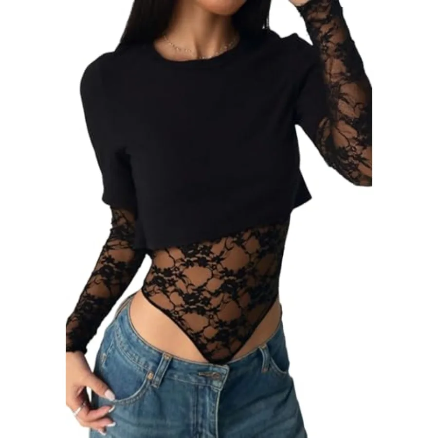 

Unybwonn Womens Mesh Long Sleeve Bodysuit Sexy Crewneck Patchwork Lace Sheer Crop Tees Casual Going Out Body Suit Top