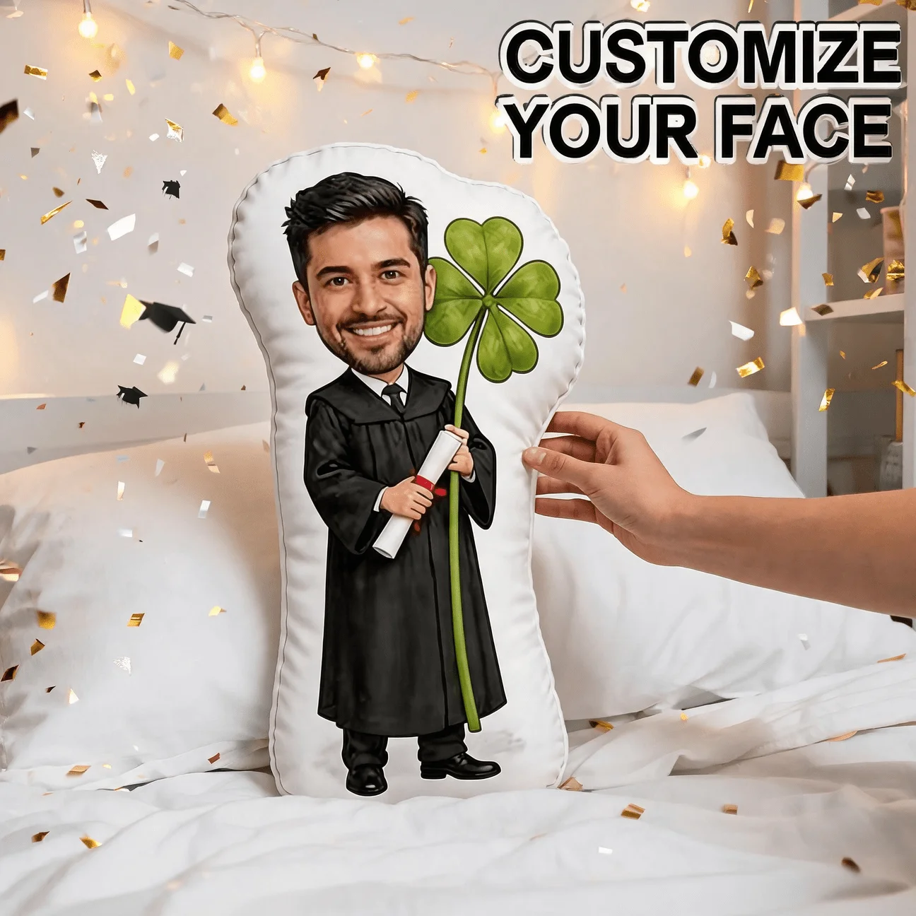 Custom Photo Shaped Pillow, Personalized Graduate for Man Holding Clover & Diploma Custom Picture Decorative Cushion, Unique Hom