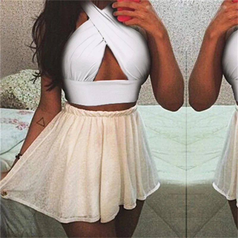 Women\'s Y2K Criss Cross Bustier Halter Sleeveless Wrap Front Sexy Backless Cami Crop Top Slim Fit Crop Tank Tops Streetwear