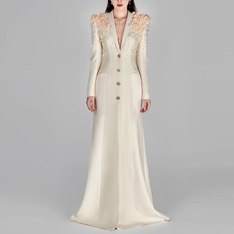 

Luxury High-quality 3D Floral Long Trench Coat Women Pinstripe Collar Dress Beaded Evening Gown Long Sleeves Top Design Clothing