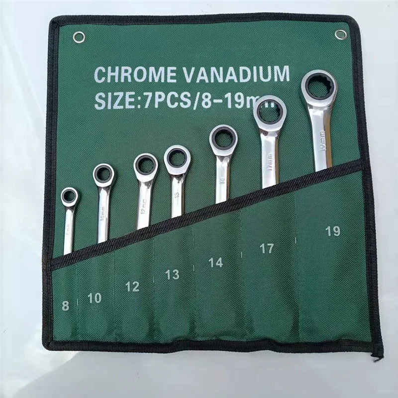 A72P Dual-Purpose Ratschenschlüssel 7-teiliges Set in Stoffbeutel Spiegelschlüssel Schraubenschlüssel mit offenem Ende