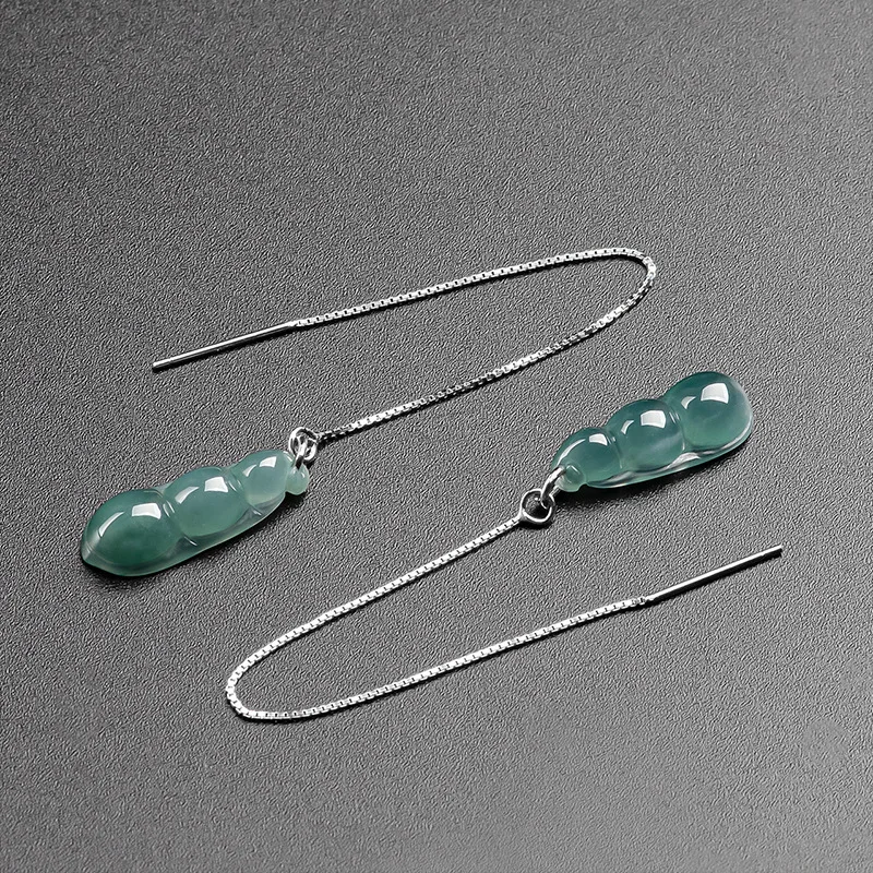 Natural A-grade Jade Blue Water Green Beans Ear Line S925 Silver Inlaid Ice Jadeite Fashionable Women's Earrings Jewelry