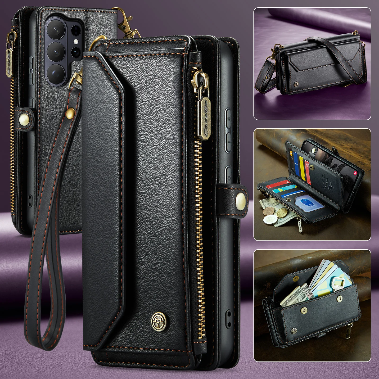 

CaseMe-C36 Crossbody Case For Samsung Galaxy S26 Ultra S25 S24 S23 S22 Plus S21 Note20 Flip PU Leather Card Holder Cover w/Strap