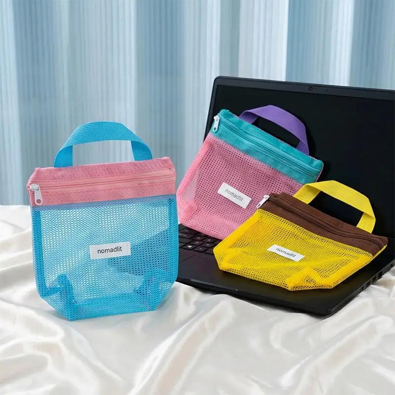 Ins Style Bright Color Summer Mesh Tote Bag Foldable Portable Small Cosmetic Toiletry Handbag for Women