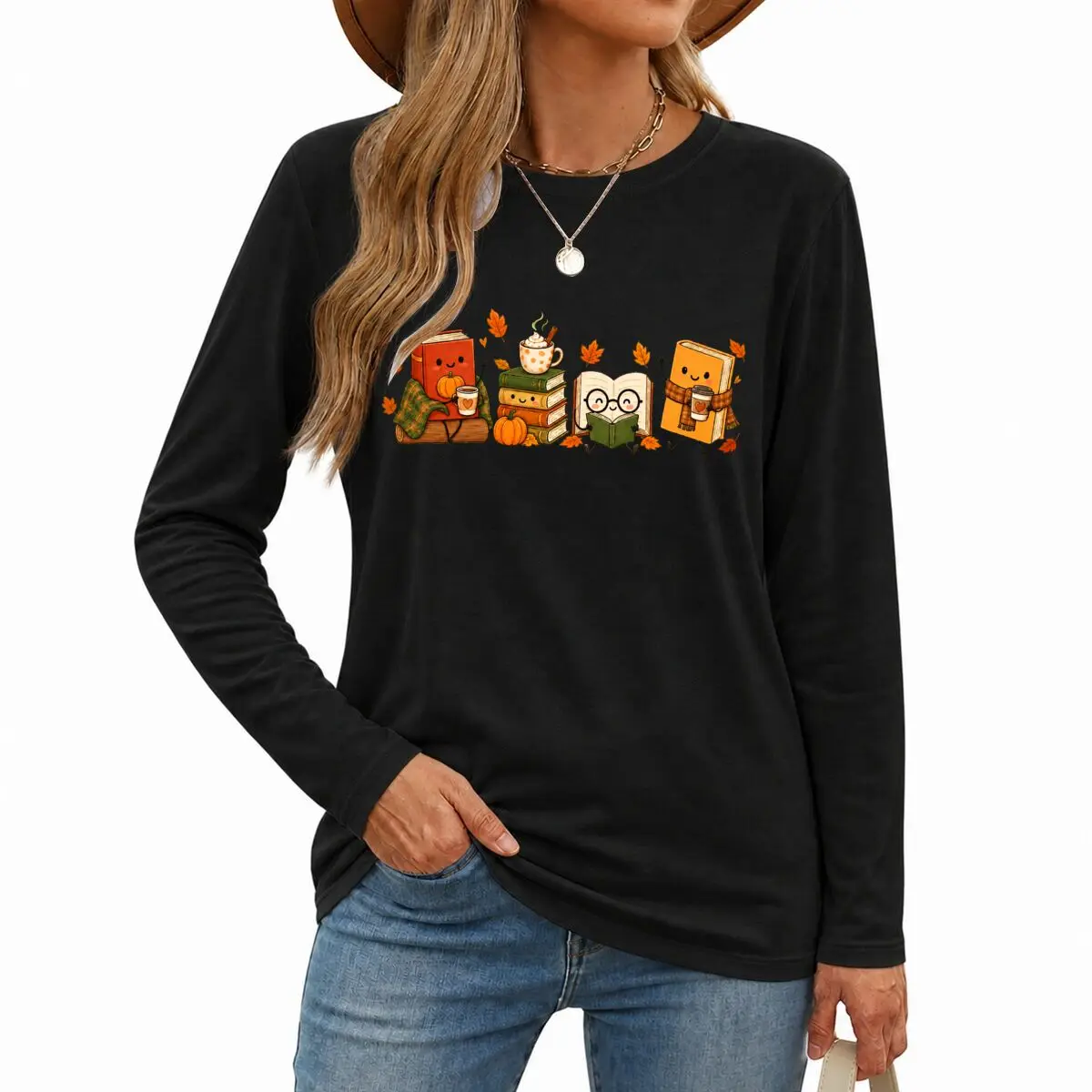 Cute Book Lover Long Sleeve Cotton TShirt Women Vintage Books Coffee Pumpkin Fall Graphic Tee Casual Autumn Thanksgiving Tees