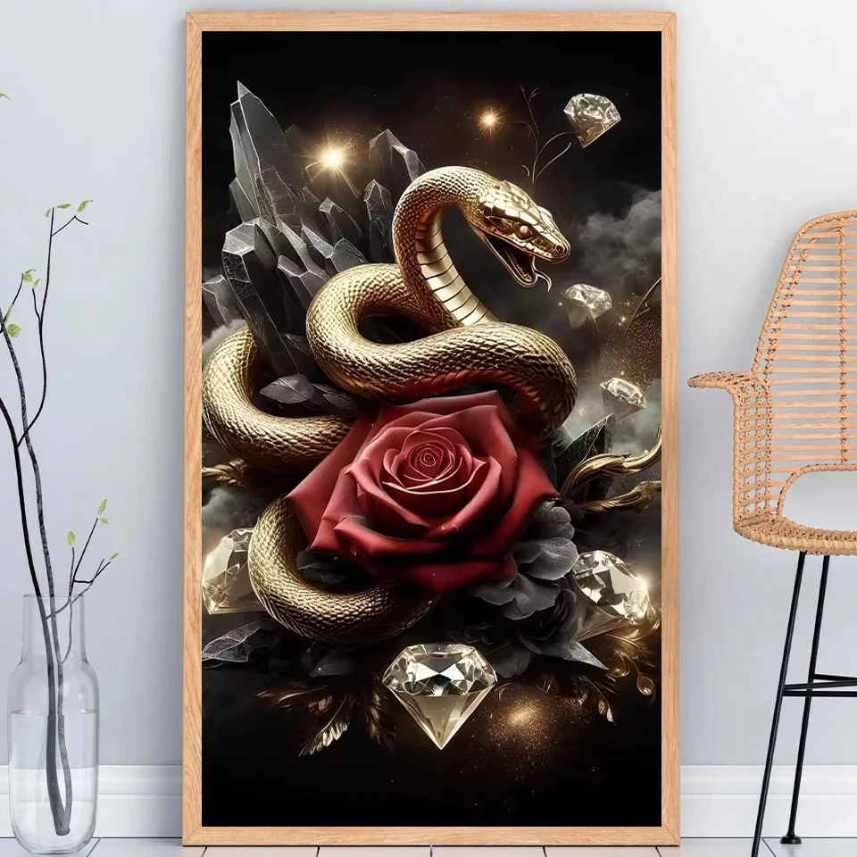 Diamond Painting Nouveau 5D Large DIY Gold Snake Red Rose Gemstone Cross Stitch 5D Square Round Rhinestone Mosaic New Year Gift