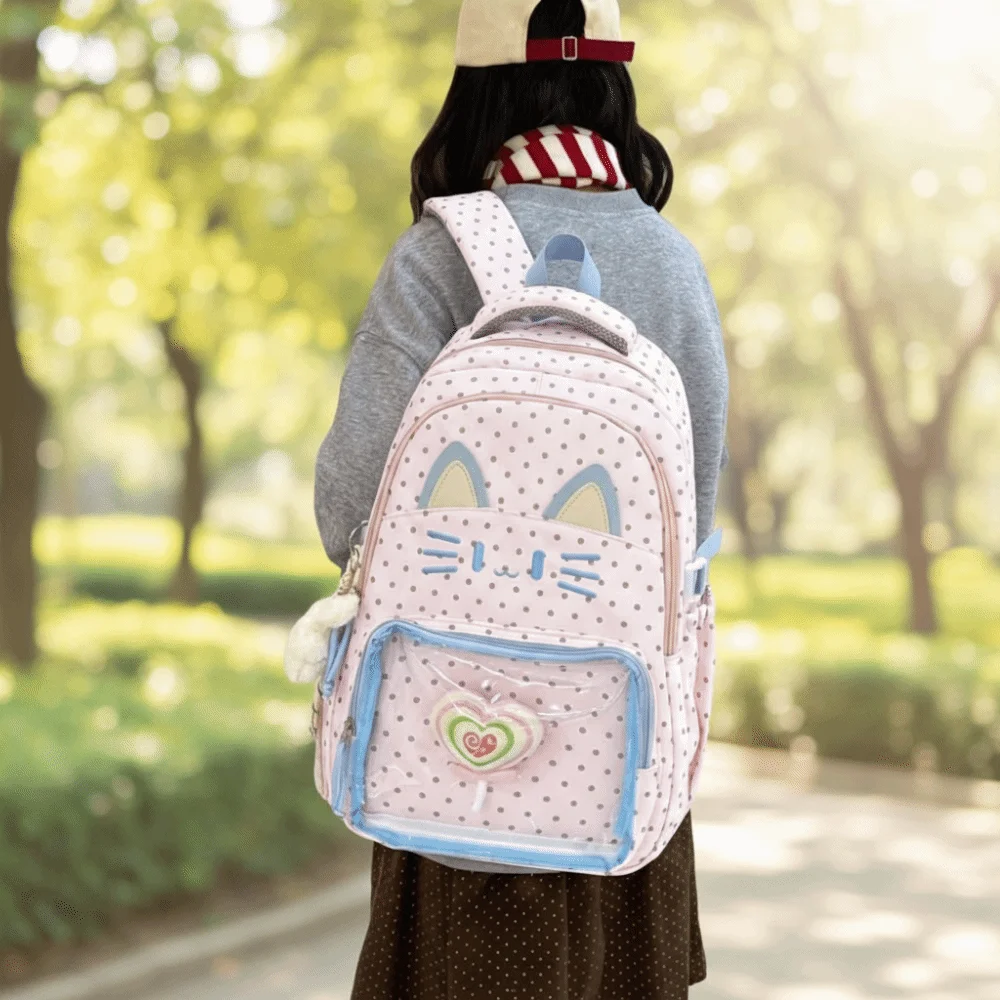 

Рюкзак в стиле преппи с мультяшным котом, милый школьный рюкзак с котенком, вместительный портативный ранец для студентов