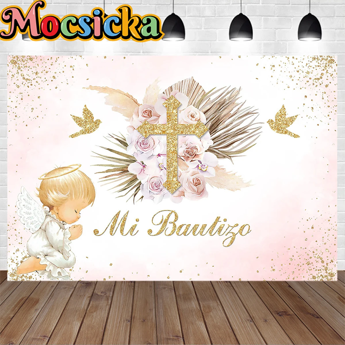 Mi Bautizo Boy Girl Baby Shower Party Backdrop Banner Gold Cross Peace Dove Decoration Mi Primera Comunión Background Photobooth