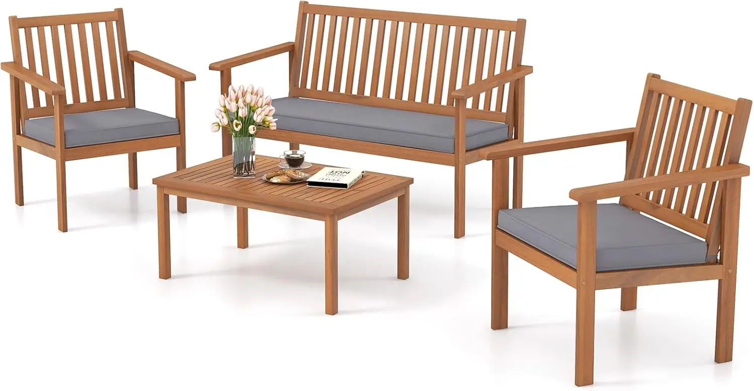 

Piece Patio Wood Furniture Set, Acacia Wood Sofa Set w/Loveseat, 2 Chairs & Coffee Table, Soft Seat Cushions