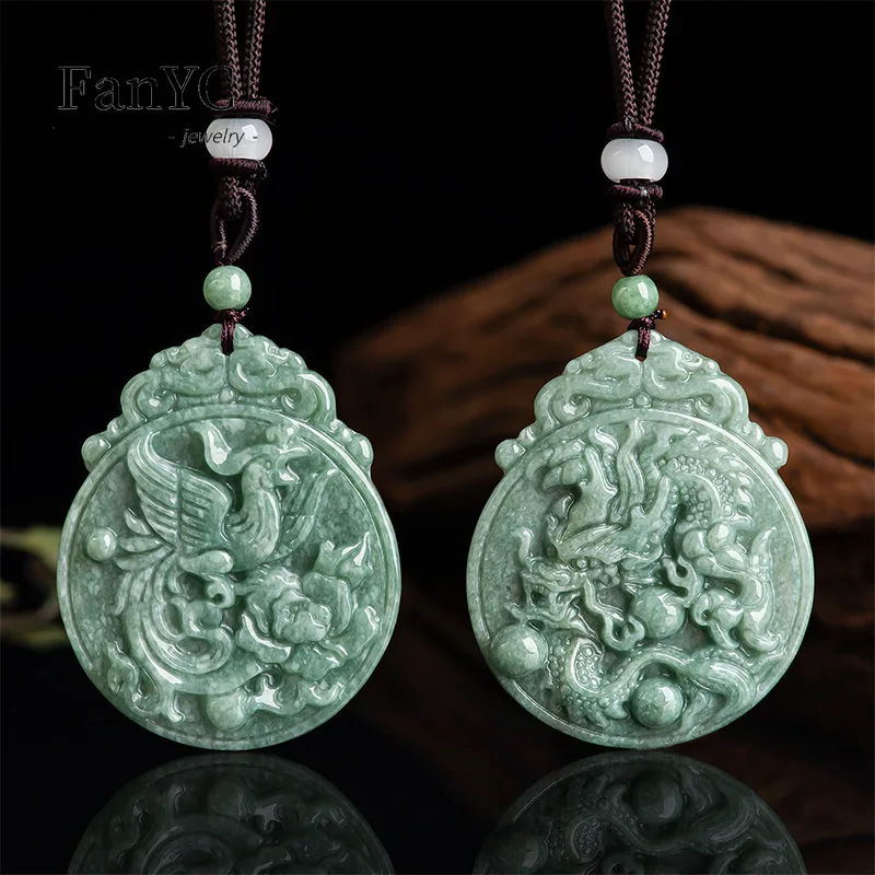 

Myanmar Jadeite Dragon and Phoenix Pendant Hand-carved Exquisite Fashion Ice Jade Necklace Couple Men and Women Holiday Gift