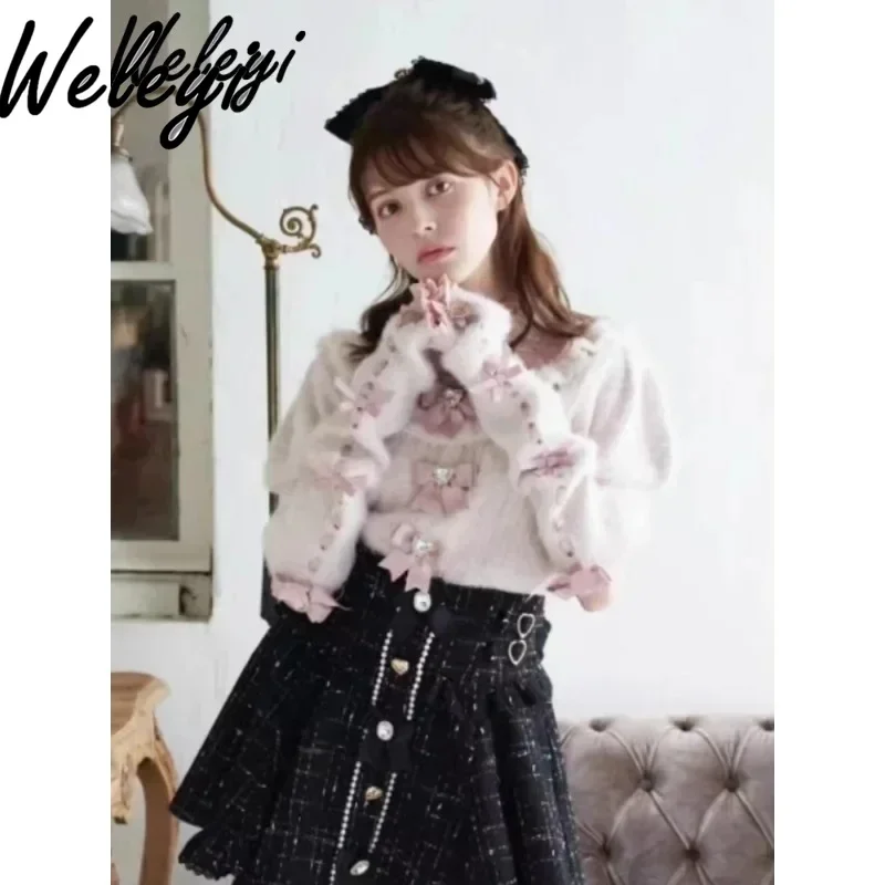 

Jirai Kei Sweater Woman Japanese Cute Kawaii Women's Knitted Top Autumn New Classic Sweet Soft Girl Long Plush Sleeve Knitwear