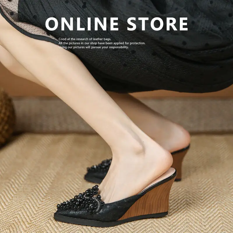 FHC Cashmere Suede Wedges Summer Shoes,High Heels Slides,Mules Slippers,Slip On,Pointed Toe,Pearls, Flower,Black,Dropship