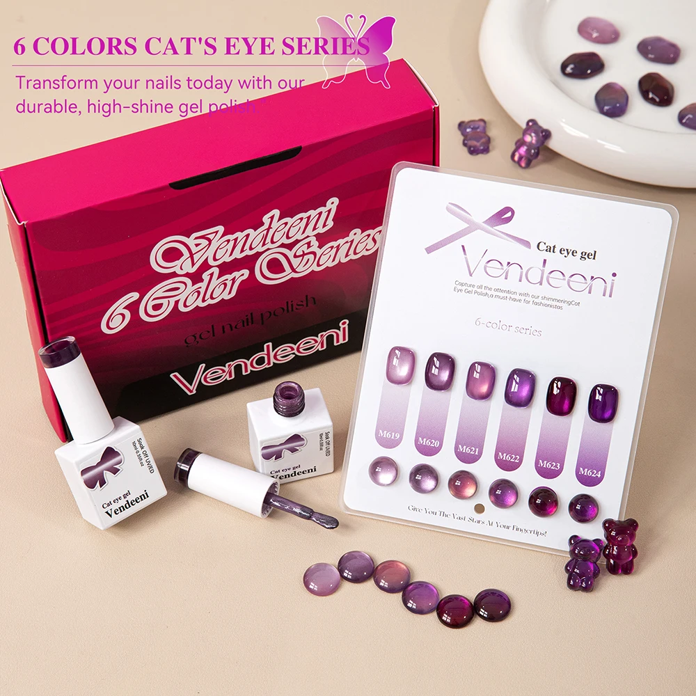 

Vendeeni TPO HEMA FREE 6 Colors/Set Purple Crystal Cat Eye Gel Nail Polish Magnetic Glass Beads UV LED Gel Varnish With Display