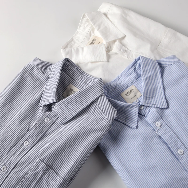 Japanese Vintage Long Sleeve Men\'s Casual Shirt Pure Cotton Oxford Weave Spring Autumn Versatile Washed Stripes Loose Fit Shirt