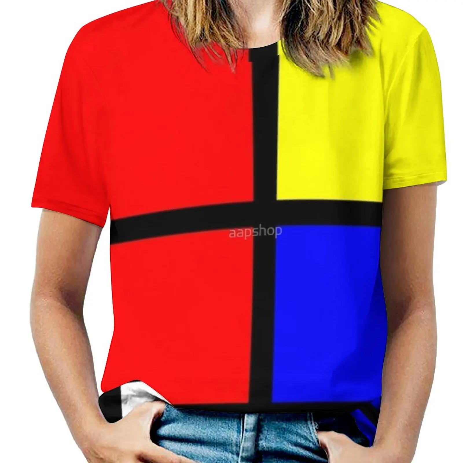 Mondrian Style Art Deco Design In Basic Colors Fashion Print Women Ladies Girls T-Shirt Harajuku Round Neck Short Sleeve Tops &