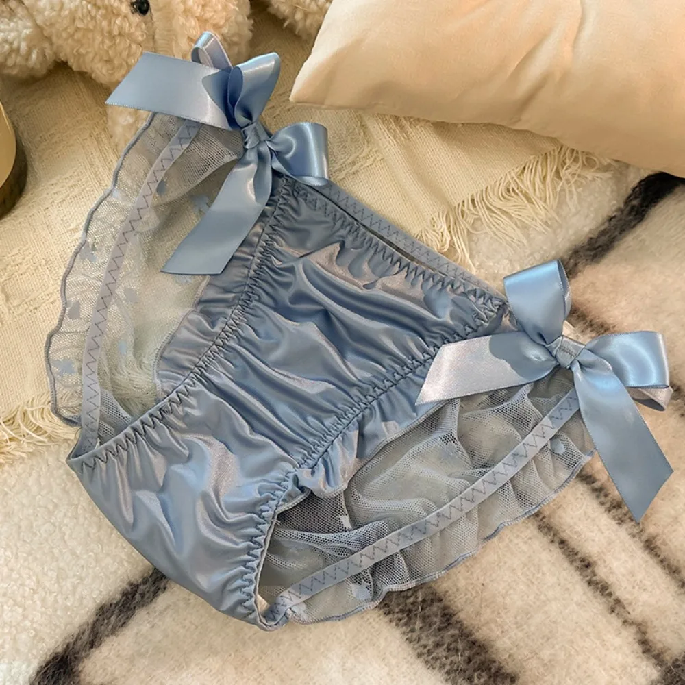 Ribbon Bow Mesh Ruffle Satin Silk Bow Briefs Transparent Underpants Women's Lace Mesh Bowknot Panties Underwear Elastic Women