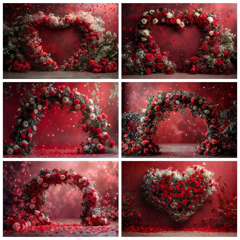 

Valentine's Day Flowers Backdrops Love Heart Red Rose Arch Wedding Bridal Shower Portrait Photography Background Photo Studio