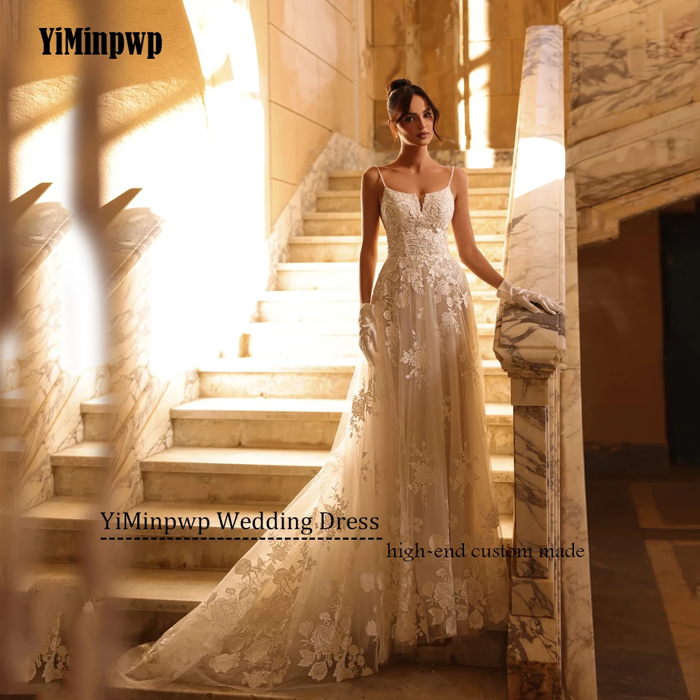

Customized V Neck Applique A Line Wedding Dresses For Women 2025 Backless Spaghetti Straps Lace Boho Bride Ivory Bridal Gown