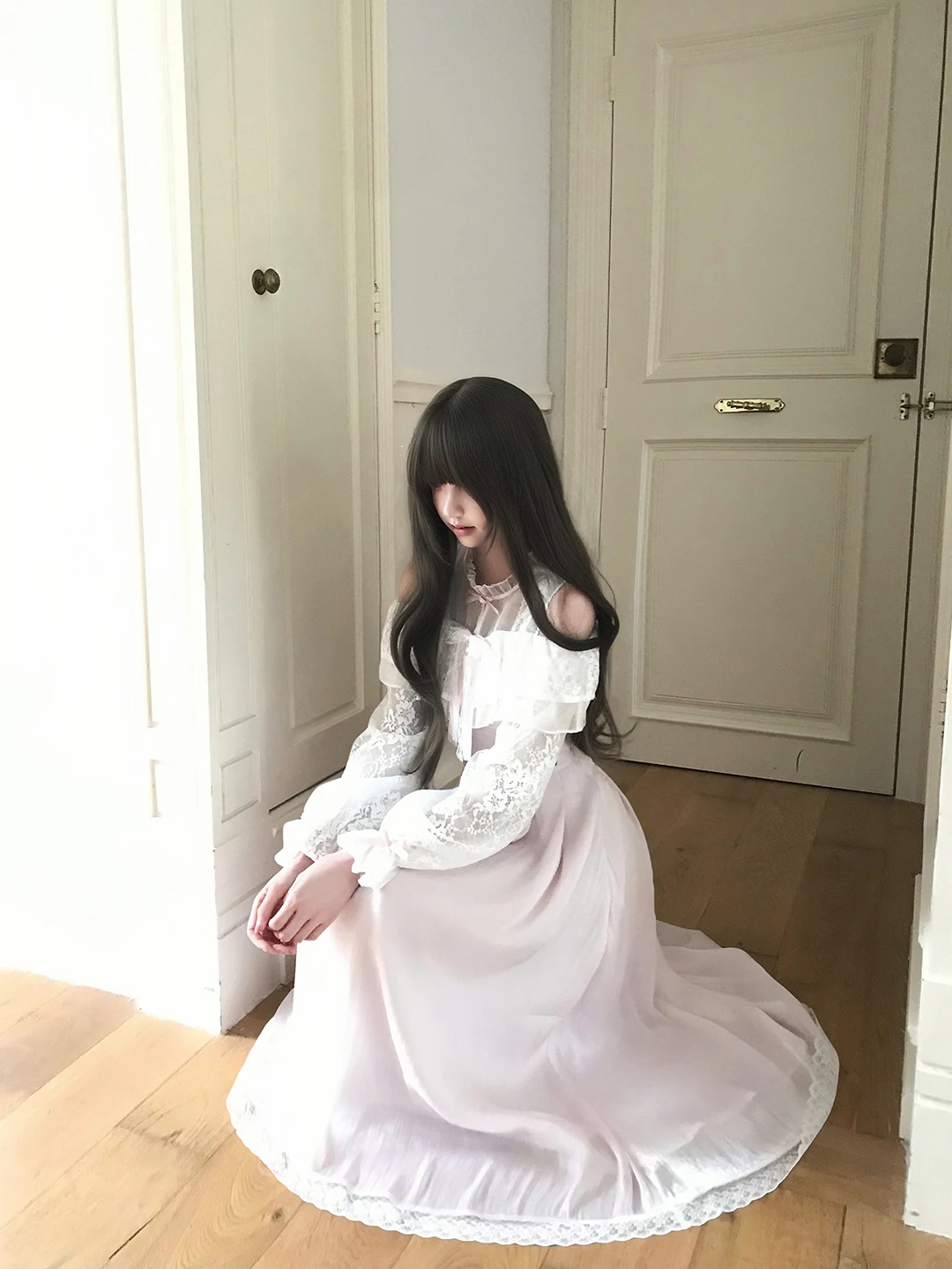 

Sweet Pink Lace Trim Waist Cinched Dress Nana Style Long Sleeve A-Line Skirt Polyester Fabric Breathable Comfortable Daily Wear