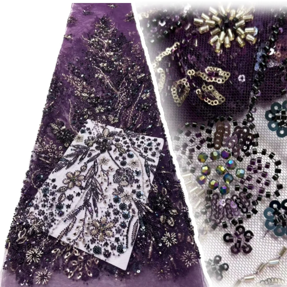 

High-Quality African Heavy Bead Lace Fabric Nigerian Embroidery Sequins French Tulle for Wedding Party Material 5 Yards AH1328