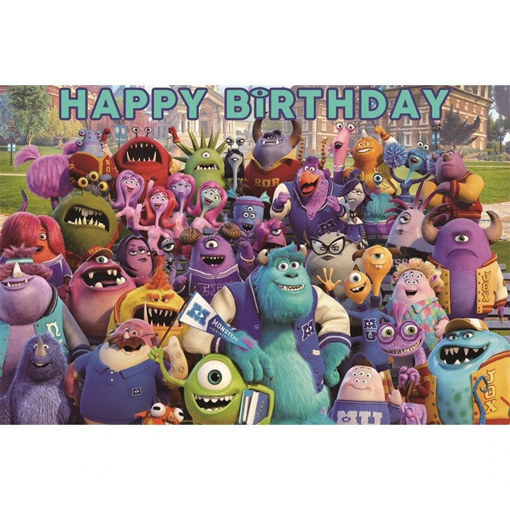 Disney Blue Backdrop Monsters Inc James P. Sullivan Mike Wazowski Baby Happy Birthday Party Cartoon Decoration Background Banner