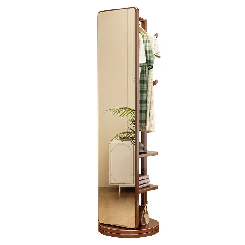 Solid wood rotating dressing mirror, floor mounted mirror, household full body mirror, movable bedroom hanger, integrated mirror