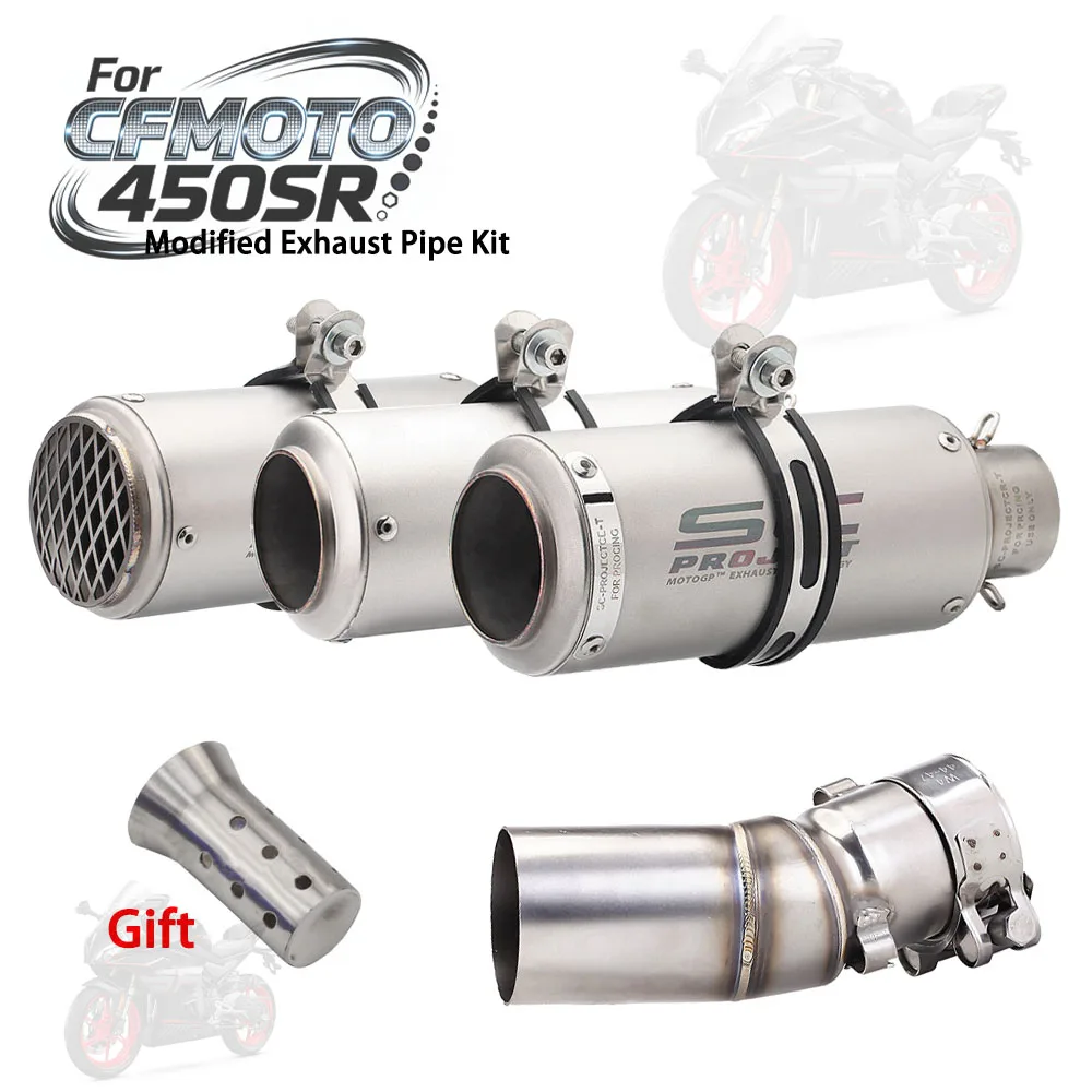 مجموعة ماسورة عادم الدراجة النارية المعدلة لـ CFMOTO 450SR SC Escape Moto عادم من الفولاذ المقاوم للصدأ تعديل المقطع الأوسط 2022-2023 #1