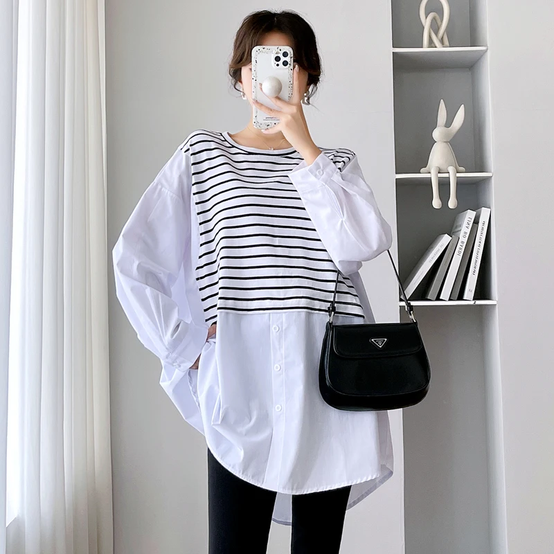 Sweet Autumn Pregnant Woman Shirts Striped Patchwork Faux Two Pieces Clothes Side Split Maternity Cotton Blouses Plus Size Tops