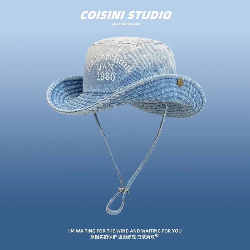 New Fashion Gradual Change Drawstring Bucket Hats for Women Summer Outdoor Camping Sun Protection Versatile Denim Men's Hats