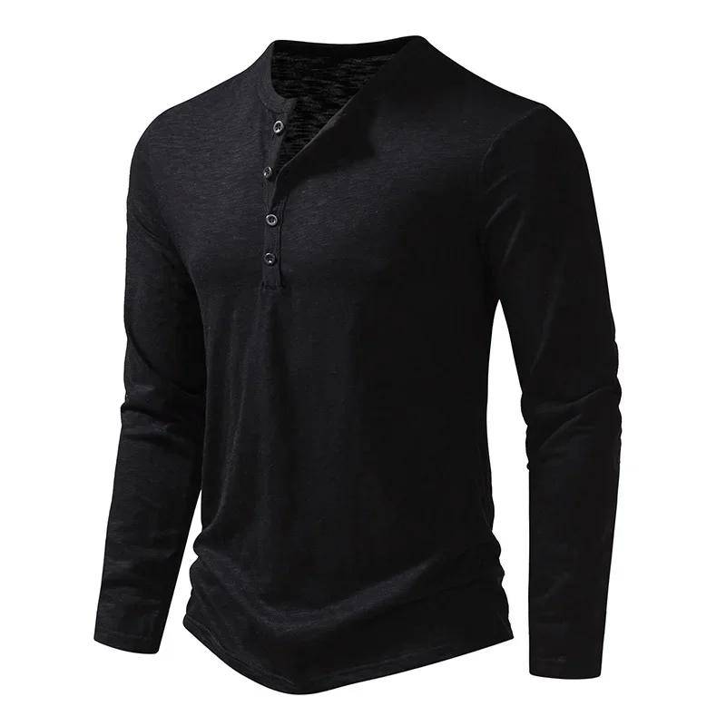 Herbst Neue männer Baumwolle Taste Langarm Henley Neck T-Shirt Casual Einfarbig Atmungsaktive Vielseitige Mode Dünne T-Shirts – Detail 6
