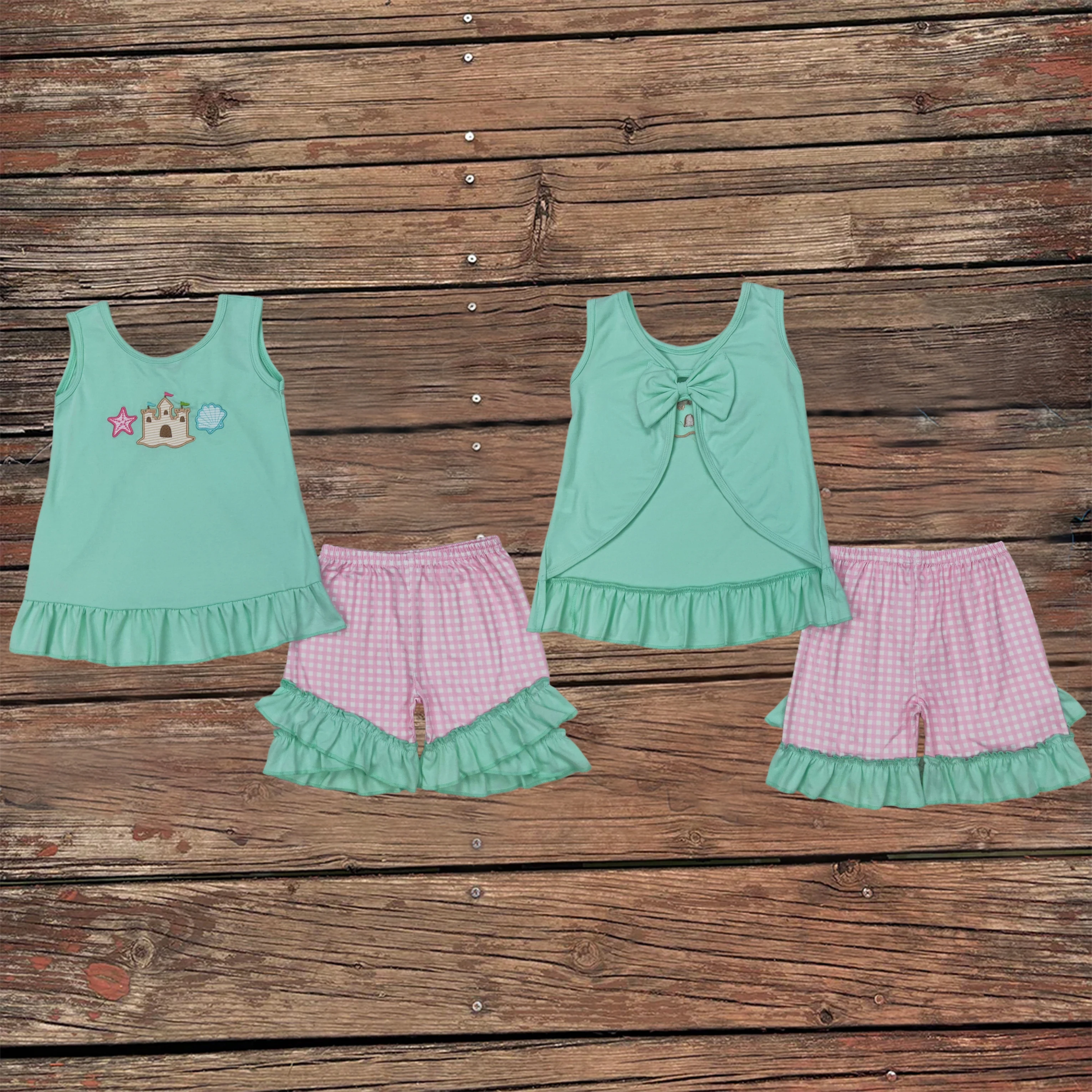 

Wholesale Baby Girl Embroidery Beach Castles Outfit Children Toddler Sleeveless Open Back Top Ruffle Shorts Kids Summer Sets