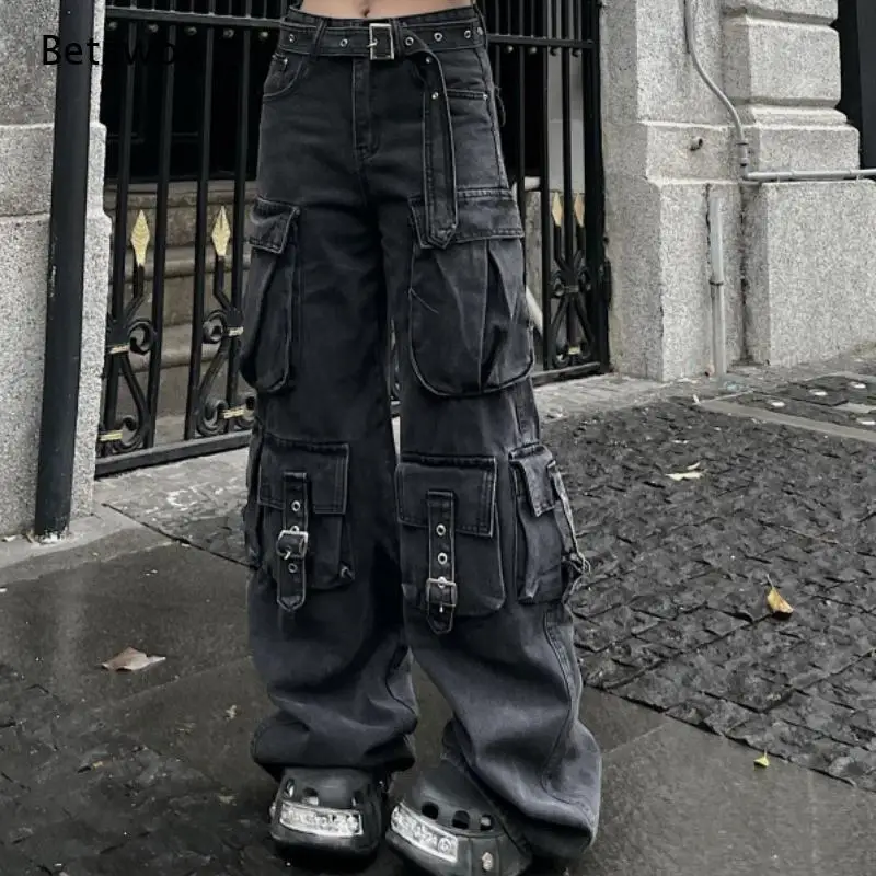 Ladies Dark Faded Cargo Pants Mid Rise Adjustable Waist Belt Metal Buckle Strap Multi Pockets Baggy Wide Leg Jeans