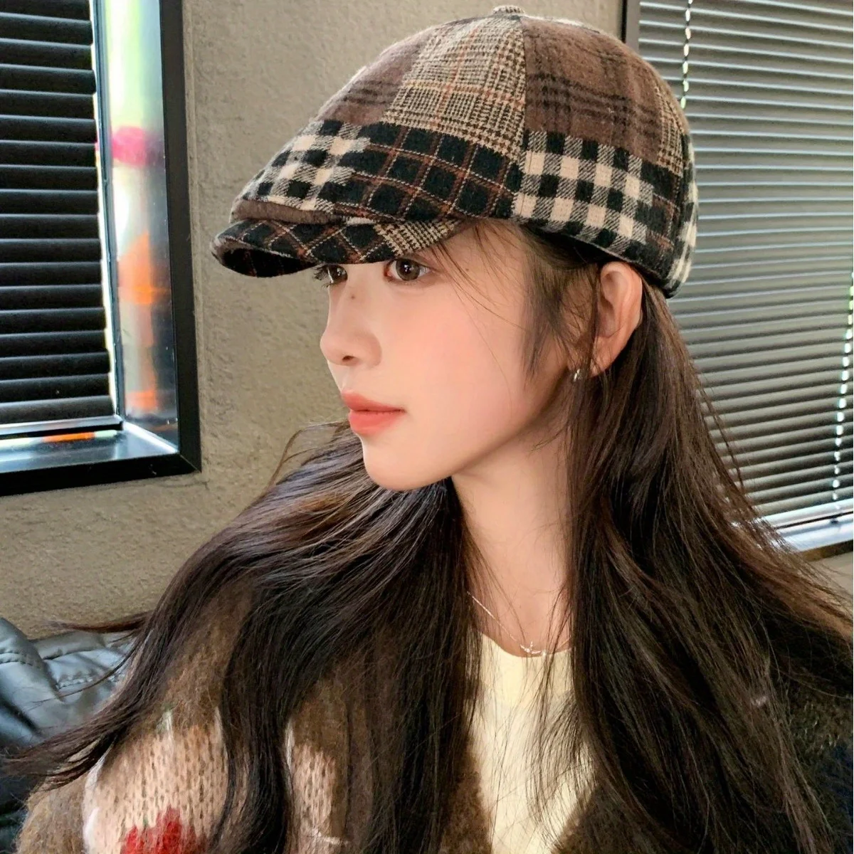 

Vintage Color Block Beret Newsboy Cap for Women Oversize Head Fit Face Slimming Design Autumn Spring Travel Fashion Casual Hat