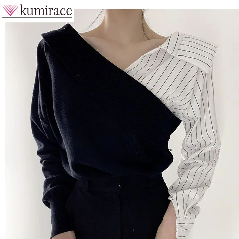 

Stripe Patchwork Color Contrast Fake Two Piece Knitted Sweater for Women 2023 New Long Sleeved Sweater Early Autumn Top Clothes