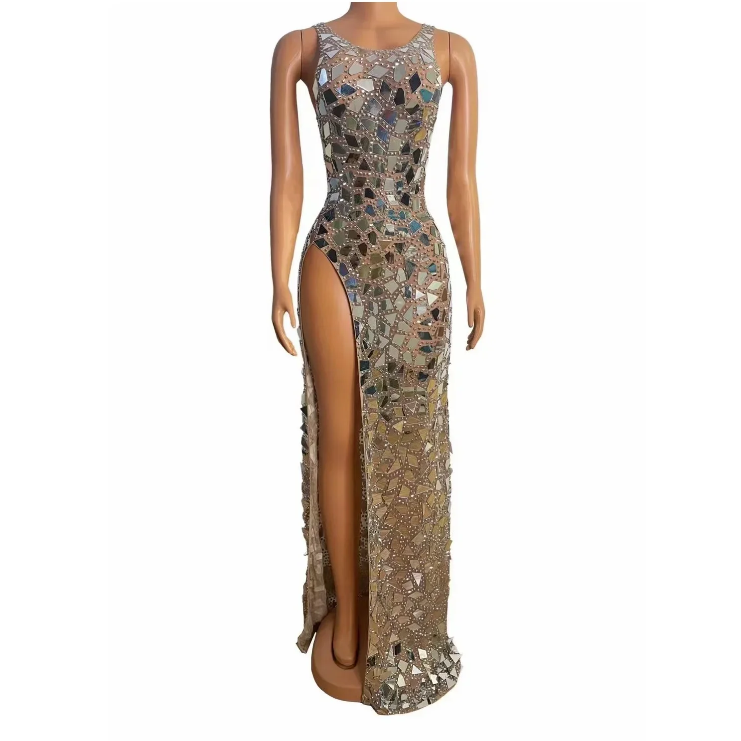 Sleeveless Shining Mirror Sequins Sexy Split Long Dress For Women Evening Celebrity Clothing Stage Prom Singer Costumes