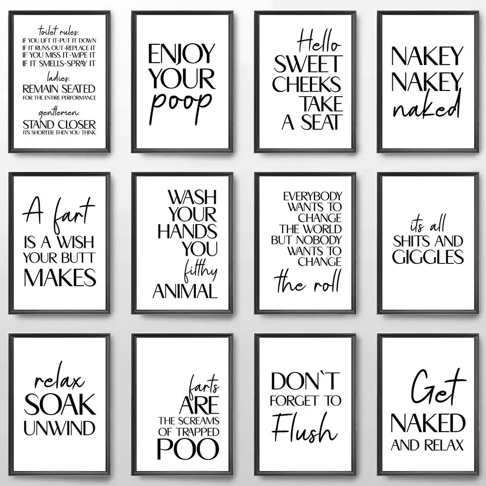 French Minimalist Funny Canvas Painting Poster Bathroom Rules Wall Art Fun Black and White Text Perfect for Toilet Home Decor