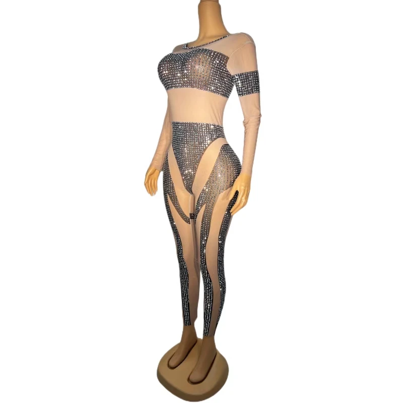 Spandex Sparkly Rhinestone Skinny Elastic Jumpsuit Fashion Women High-end Sexy Jumpsuit Club Stage Performance Wear Heiseyouhuo