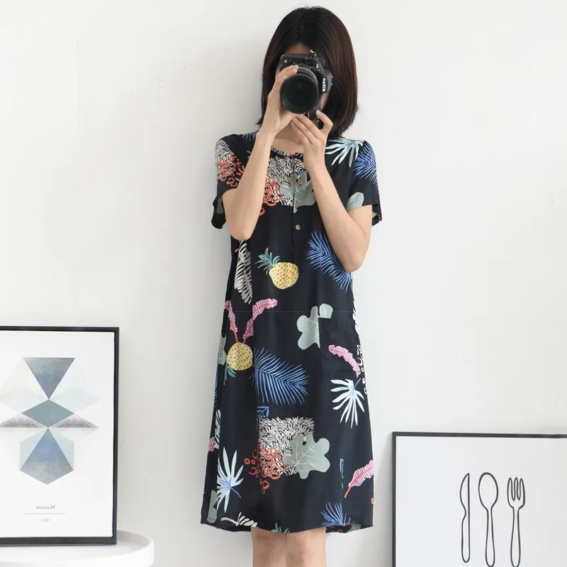 

Pure Cotton Sleepwear Women's Short Sleeve Midi Dress Artificial Cotton Summer Thin Korean Style Home Clothes Loose Dress