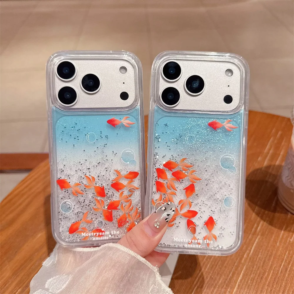 Funda líquida Goldfish Quicksand para iPhone 17 16 15 Pro Max, Fundas traseras para teléfono, Funda con purpurina dinámica y arena móvil