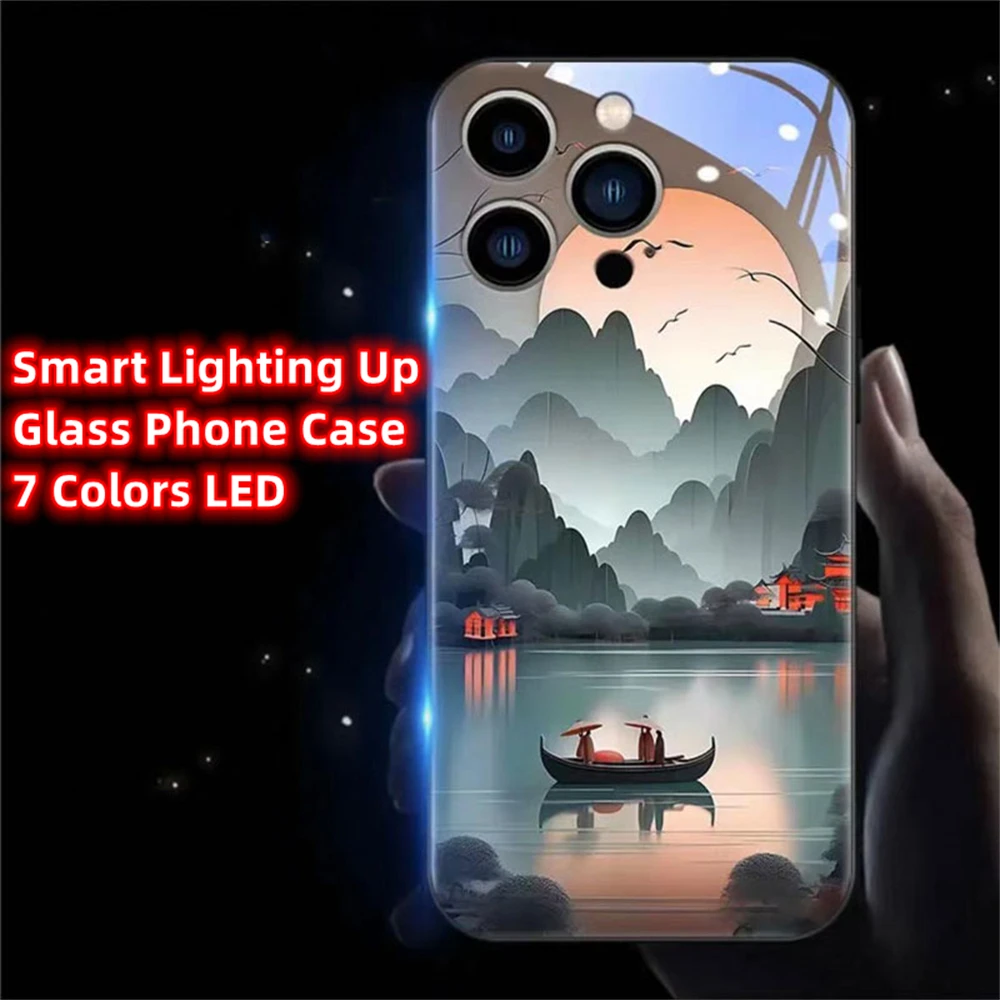 Boating Ancient Painting Smart LED Light Glow Tempered Glass Phone Case For iPhone 15 14 13 12 11 Pro Max XR XS Plus SE2020