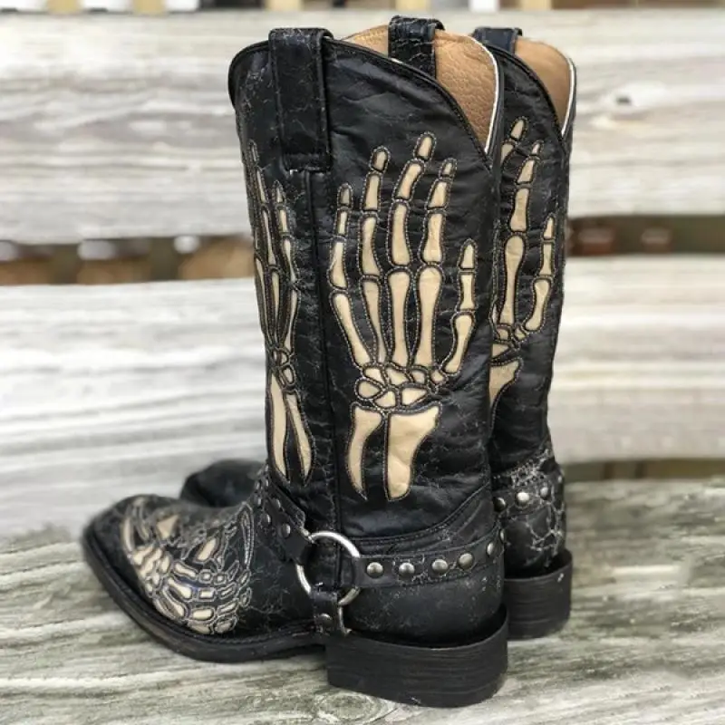 Totenkopfmuster Metallschnalle Ritterstiefel für Männer, Gothic Stil, Quadratische Zehenkappe, Gürtelschnalle, Schwarze Halbhohe Stiefel, Modisches Design, Schuhe mit Dicken Absätzen – Detail 4