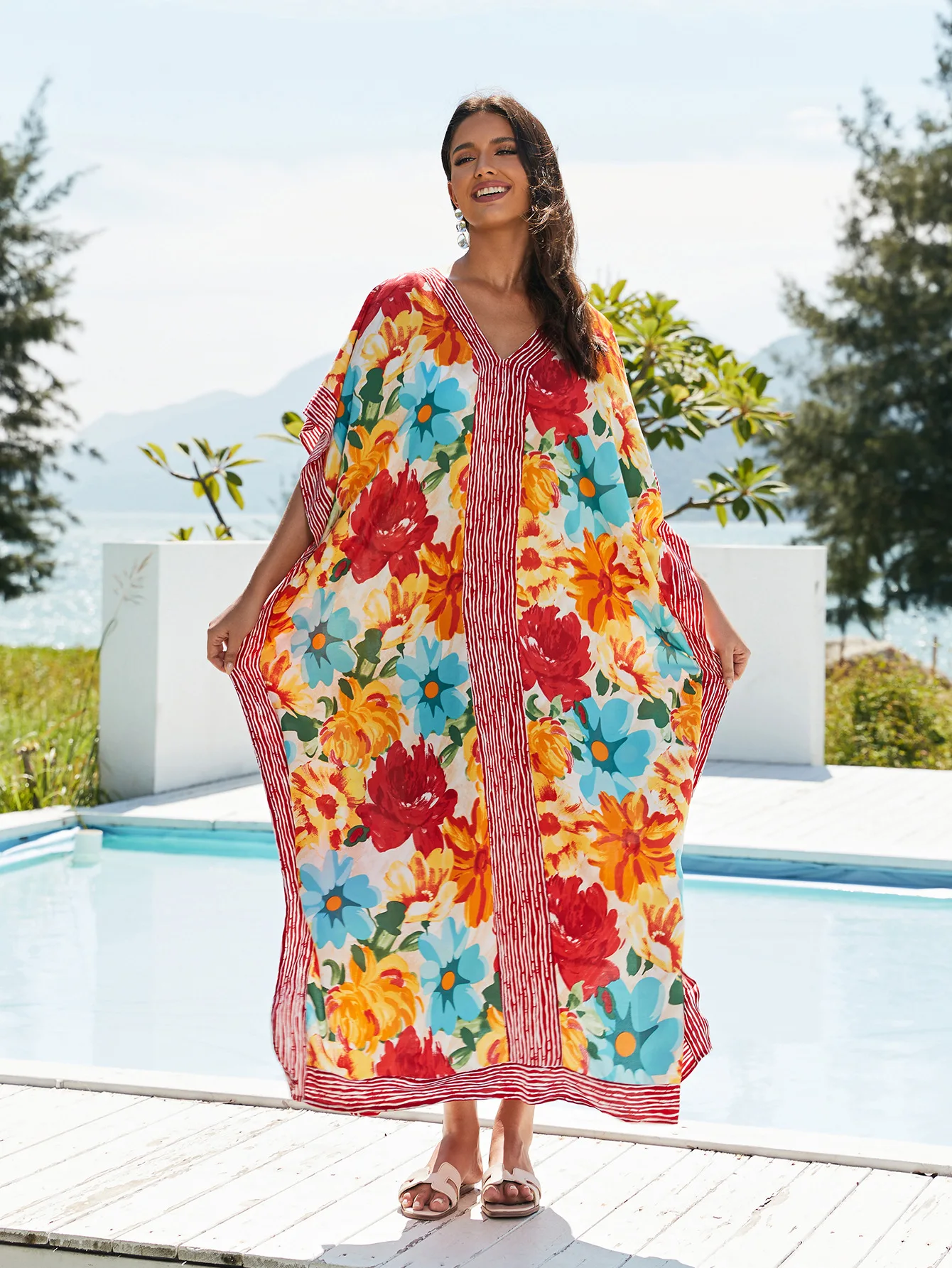 

Пляжные платья в цветочек caftans для женщин, летняя накидка для купальников, праздничная пляжная одежда, купальные костюмы